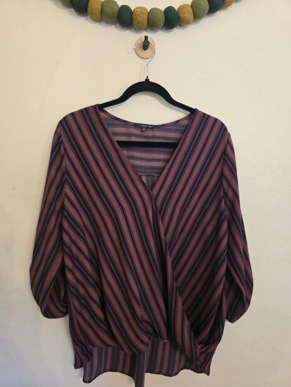 West Kei Women's Striped V-Neck Pullover 3/4 Sleeve Blouse Navy Magenta Size XL